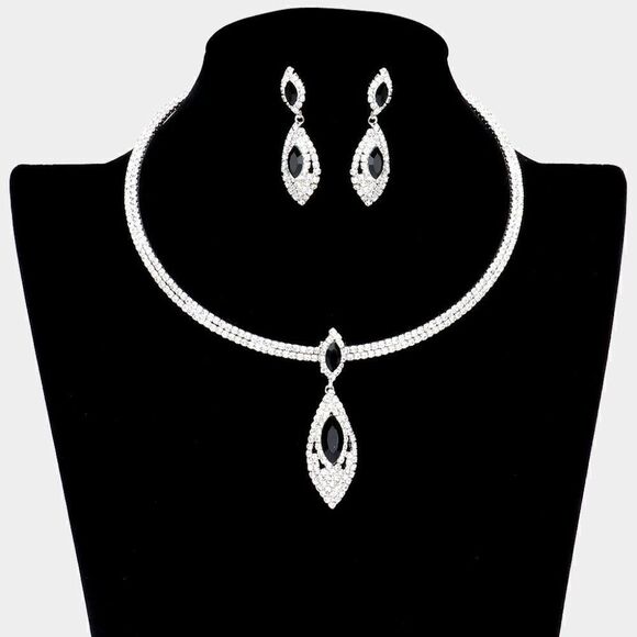 Black Marquise Stone Accented Rhinestone Choker Necklace Set - Picture 1 of 7